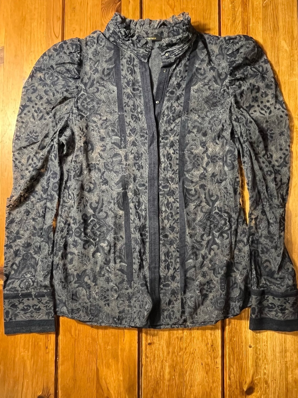 Kobi Halperin Navy Patterned Ruffled Collar Jacket